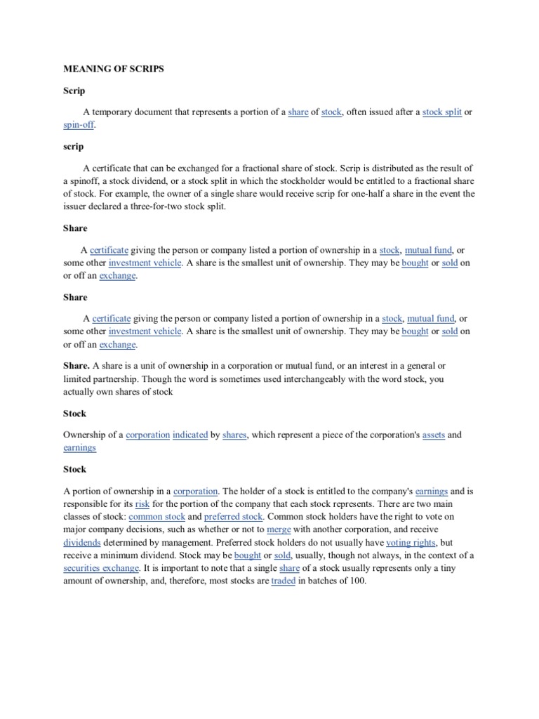 Meaning of Scrips | Investment Fund | Stocks