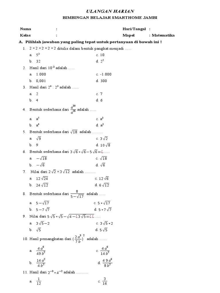 Soal MTK Betuk Pankat Dan Akar Kelas 9 SMP | PDF