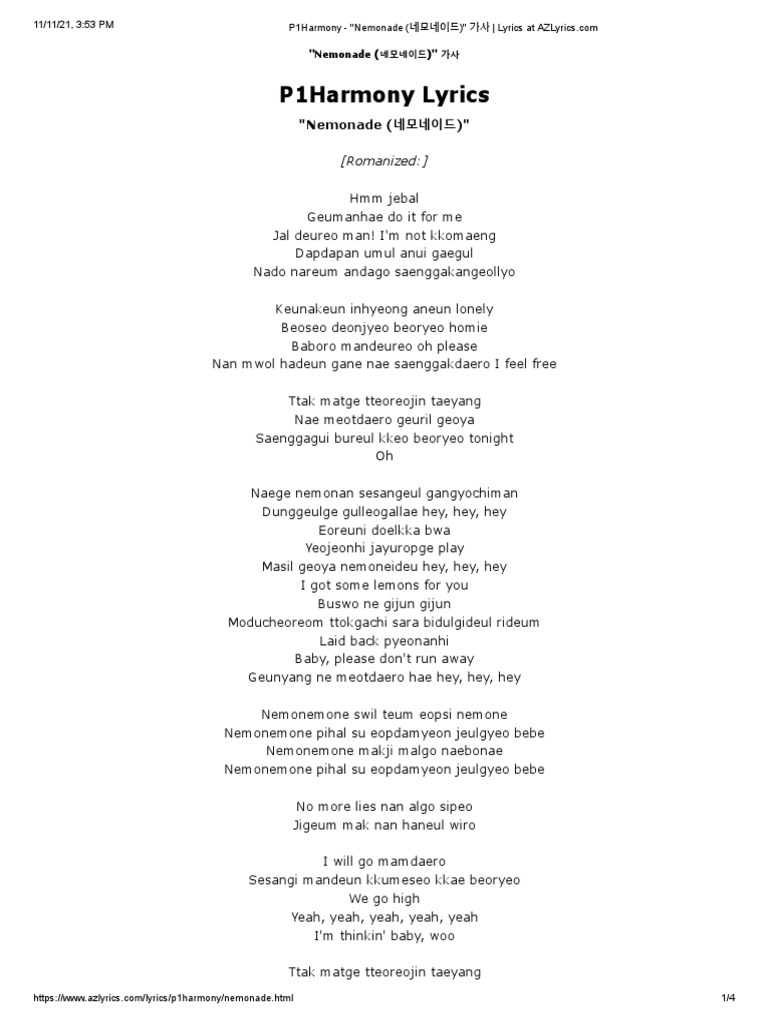 P1Harmony Lyrics "Nemonade (네모네이드) " PDF