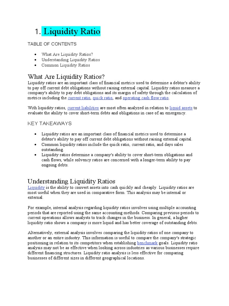 Liquidity Ratio: What Are Liquidity Ratios? | PDF | Dividend | Revenue