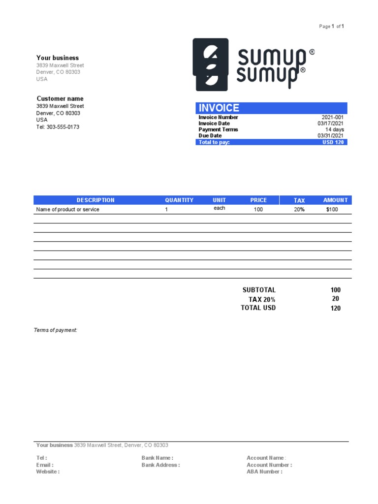 US Tax Invoice Template Example | PDF