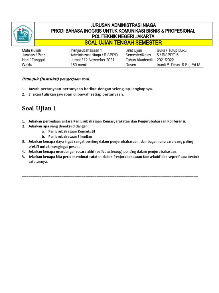 Ujian Tengah Semester Jurusan BISPRO | PDF