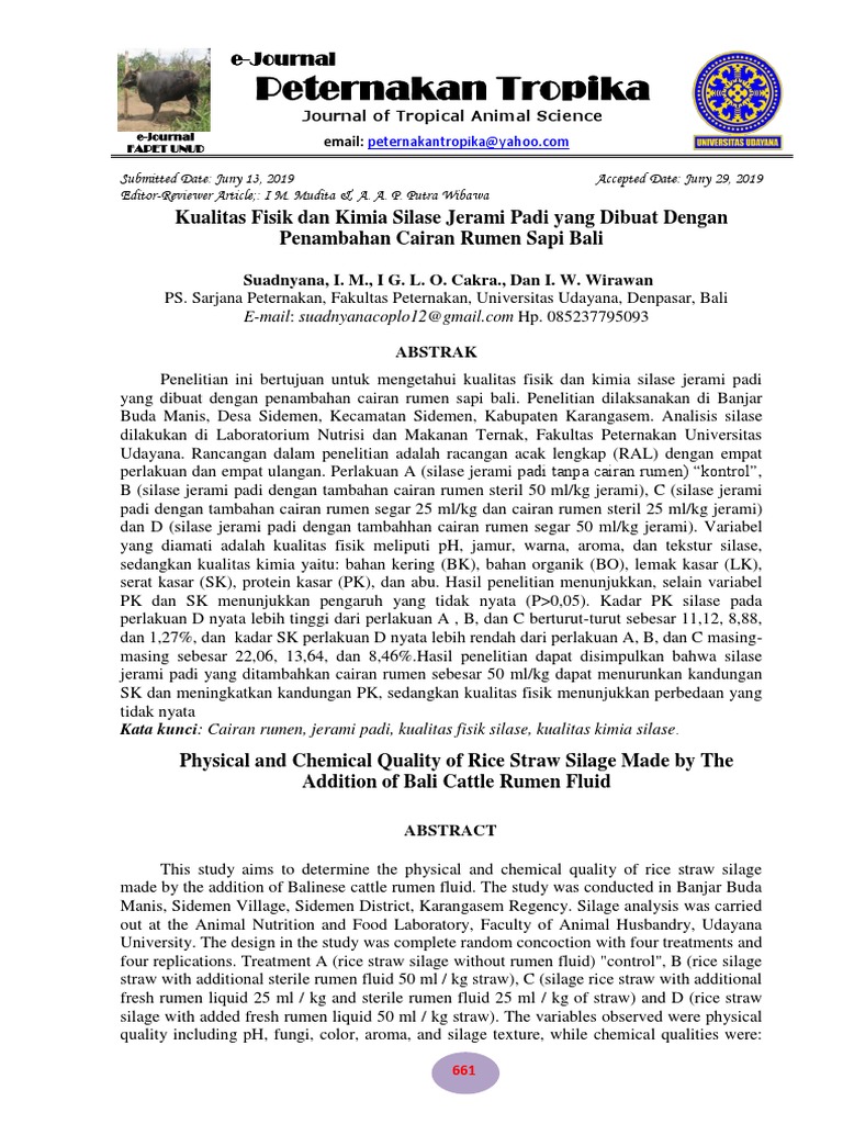 Peternakan Tropika: Kualitas Fisik Dan Kimia Silase Jerami Padi Yang ...
