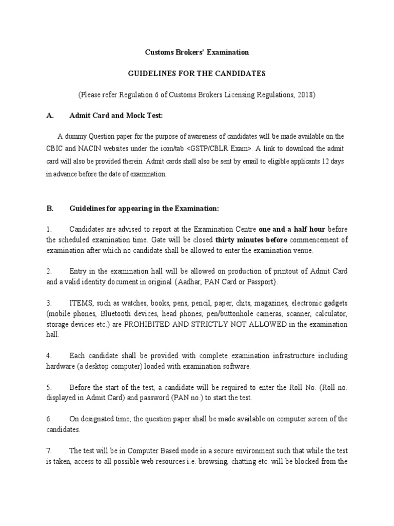 Guidelines for Candidates Appearing for the Customs Brokers