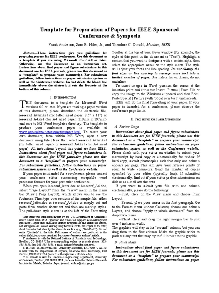 Ieee Letter Word Template | PDF | Page Layout | Note (Typography)