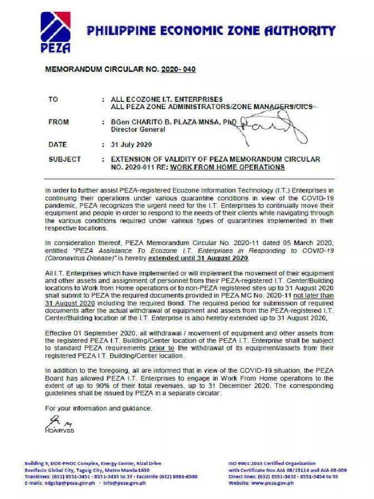 PEZA MC No. 202040 Extension of The Validity of PEZA Memorandum