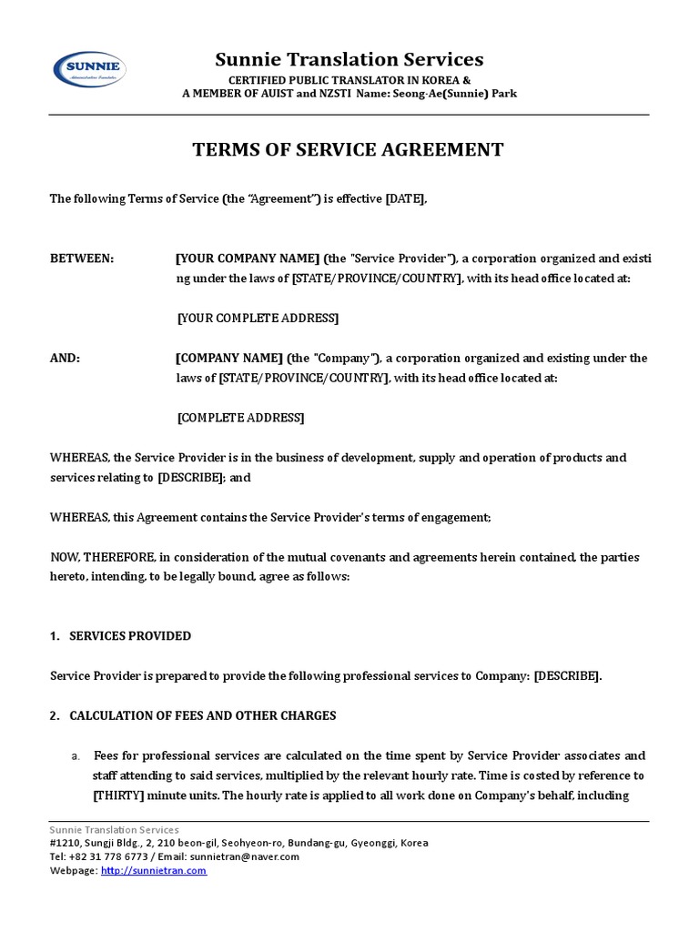 Sunnie Translation Services Between (YOUR COMPANY NAME) (The "Service