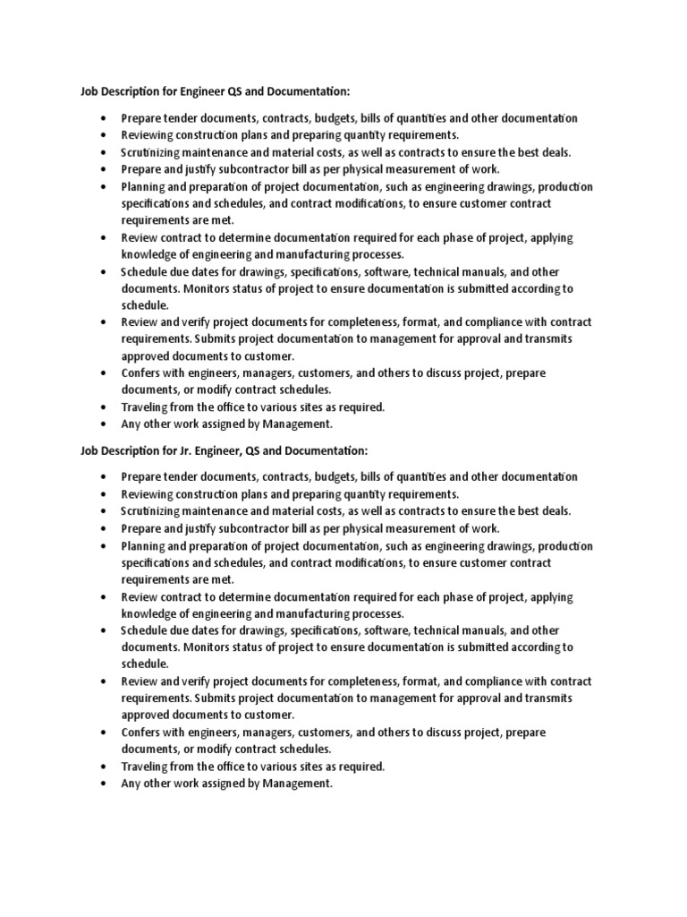 Engineer QS & Documentation Job Description | PDF | Specification ...