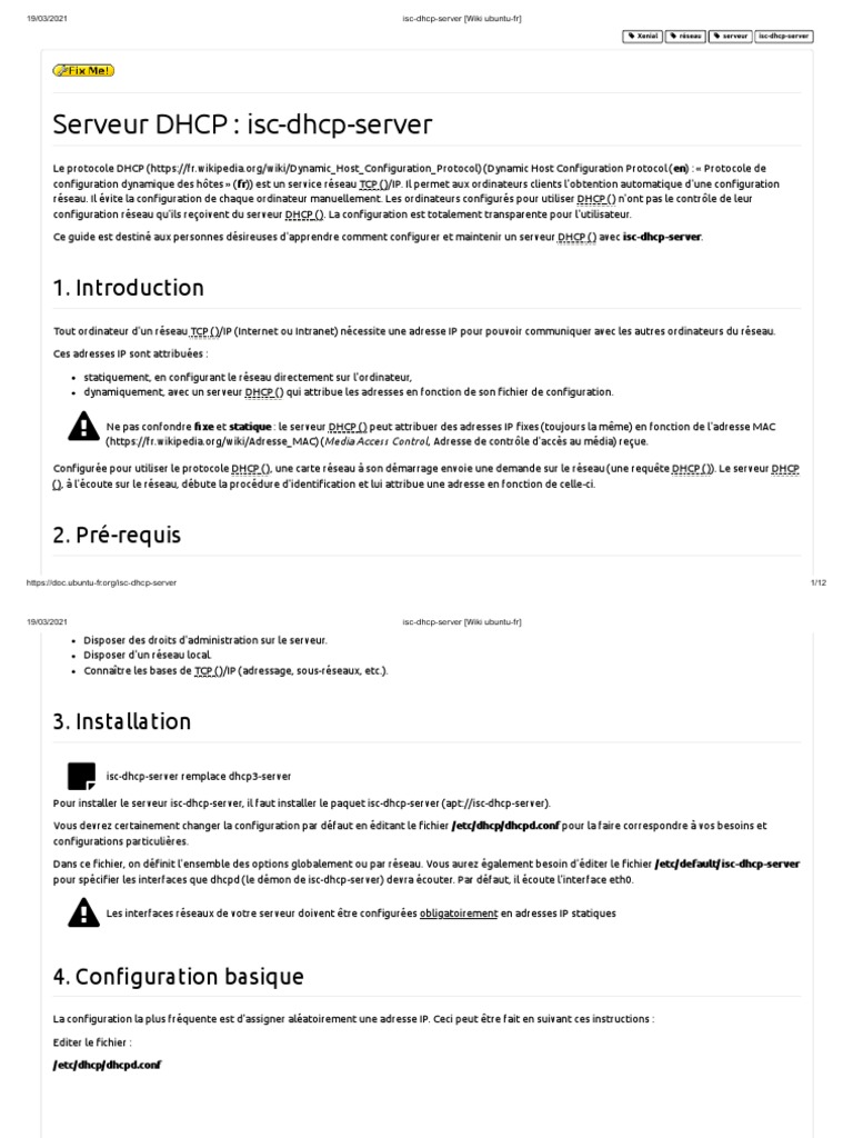 Configuration d'un serveur ISC DHCP | PDF | Adresse IP | Transmission ...