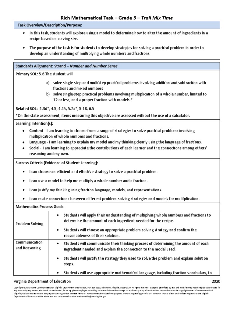 Rich Mathematical Task - Grade 3 - Trail Mix Time | PDF | Teachers ...