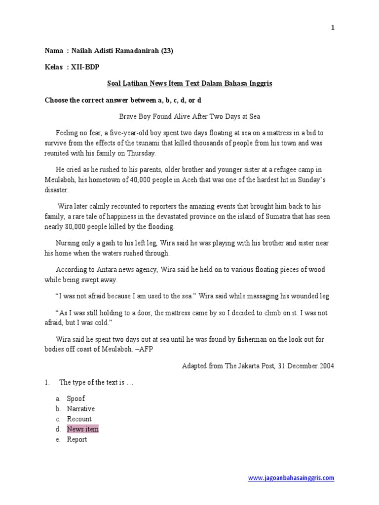 contoh soal news item text bahasa inggris