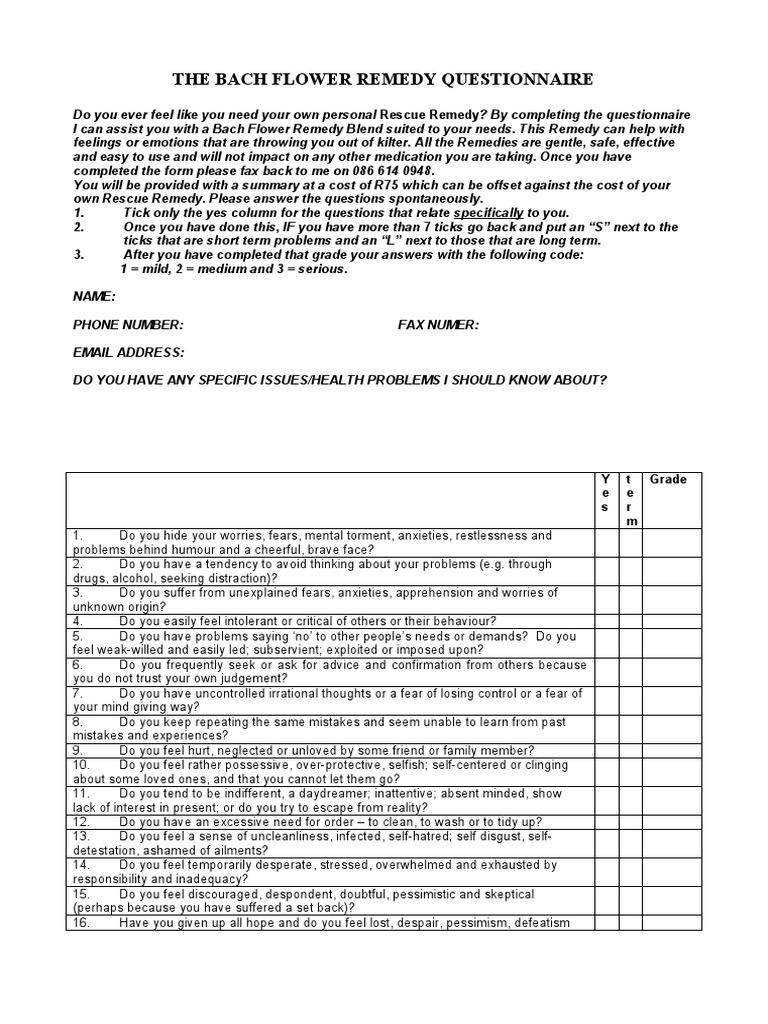 Bach Flower Remedy Questionnaire | PDF | Anxiety | Depression (Mood)