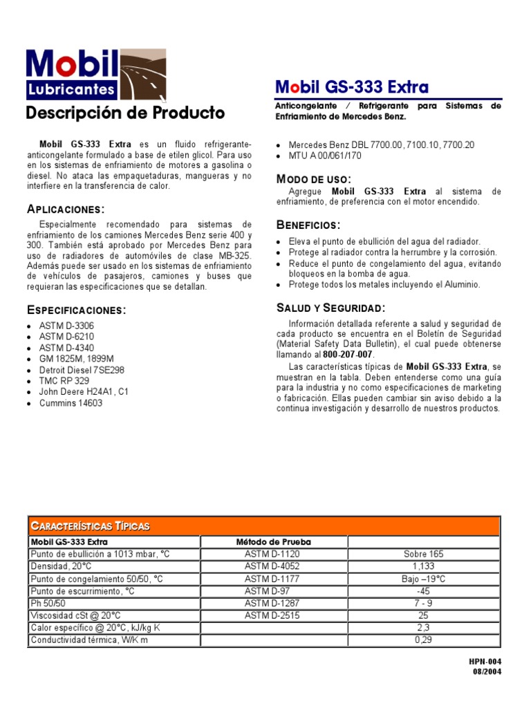 Mobil GS-333 Extra: Anticongelante para Mercedes | PDF | Ingeniería ...