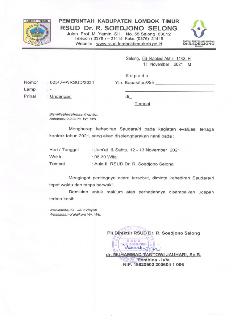 Undangan Kegiatan Evaluasi Tenaga Kontrak Tahun 2021 | PDF