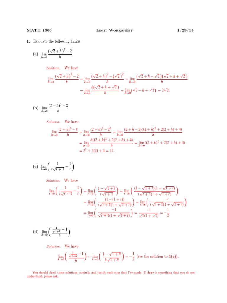 Limit Evaluations and Solutions | PDF | Mathematics | Mathematical Analysis