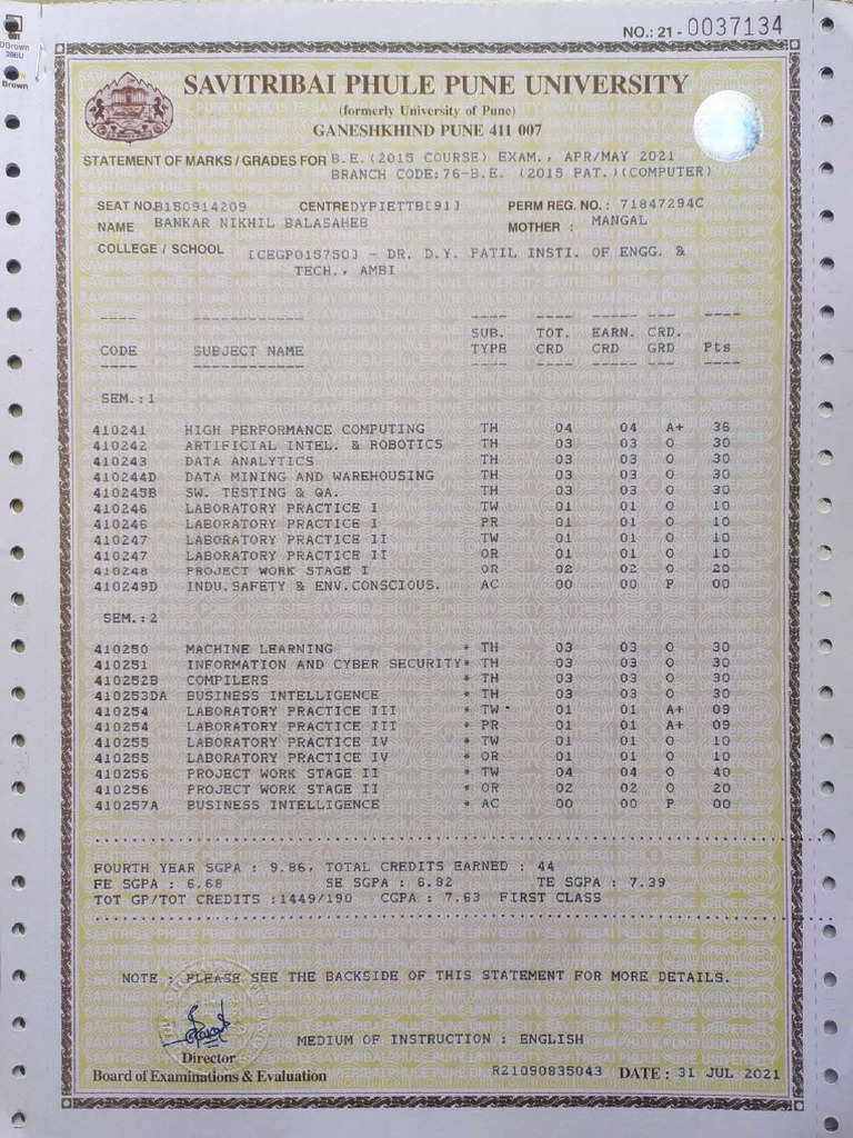 Pune University Marksheets and Transcripts | PDF | Science And ...