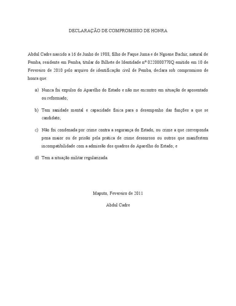 DECLARAÇÃO DE COMPROMISSO DE HONRA para Atija