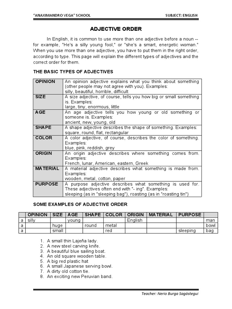 English Adjective Order Guide | PDF | Adjective | Linguistic Typology