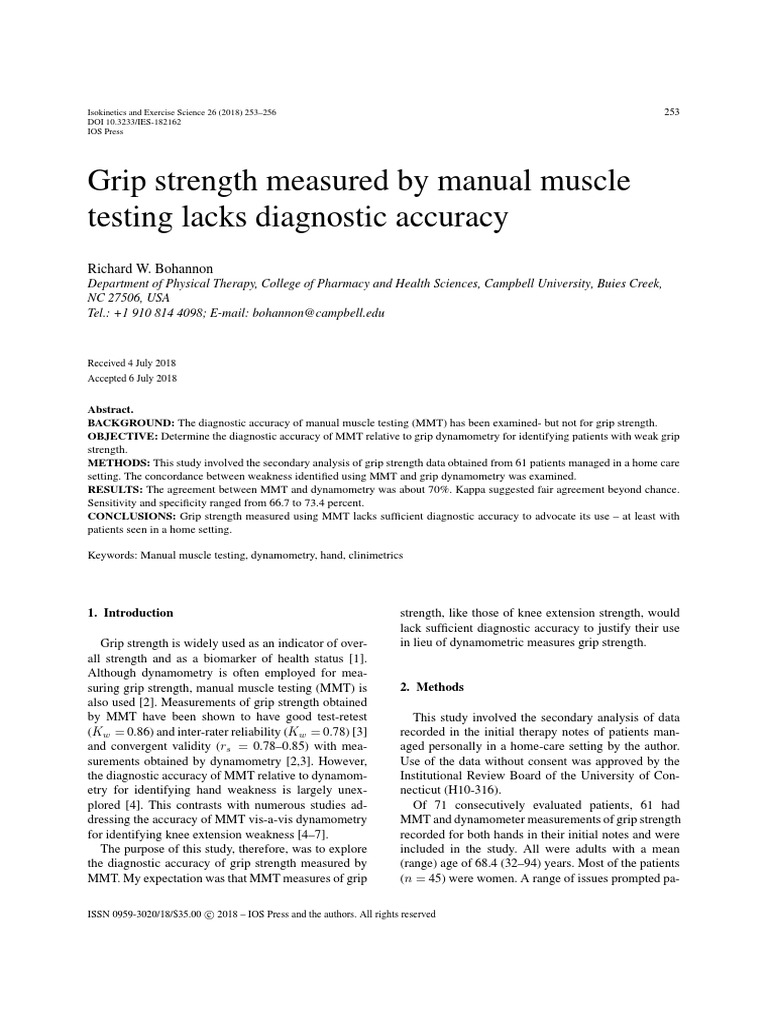 Diagnostic Accuracy of Manual Muscle Testing for Grip Strength A
