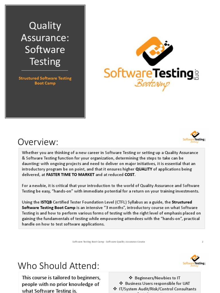 Software Testing Boot Camp Course PDF Software Testing Software