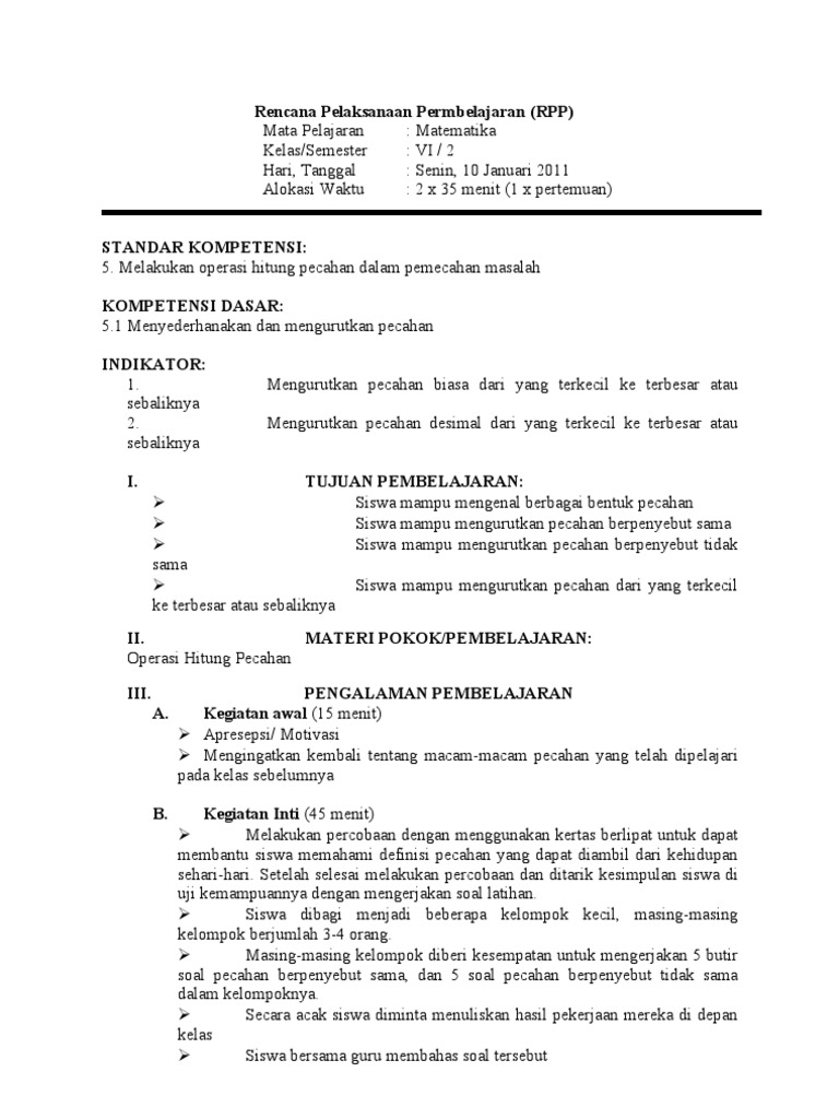 Contoh Rpp Matematika Kelas 6 Sd Pdf