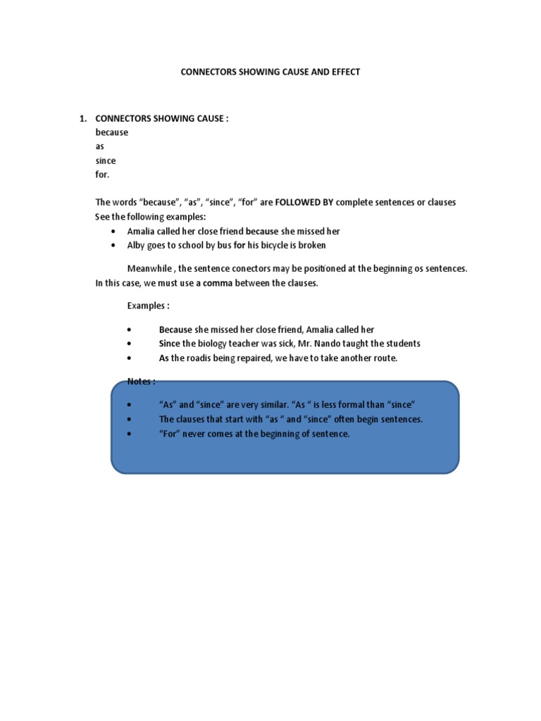 Connectors Showing Cause and Effect Download Free PDF Sentence
