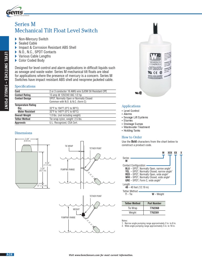 Mechanical Tilt Float Level Switch | PDF | Switch | Manufactured Goods