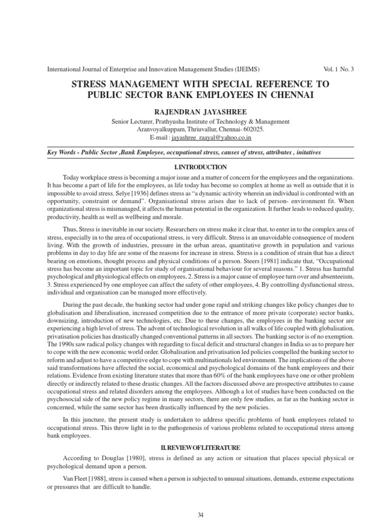 Stress Management in Chennai Bank Employees | PDF