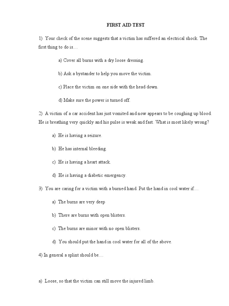 First Aid Test PDF Cardiopulmonary Resuscitation Hypothermia