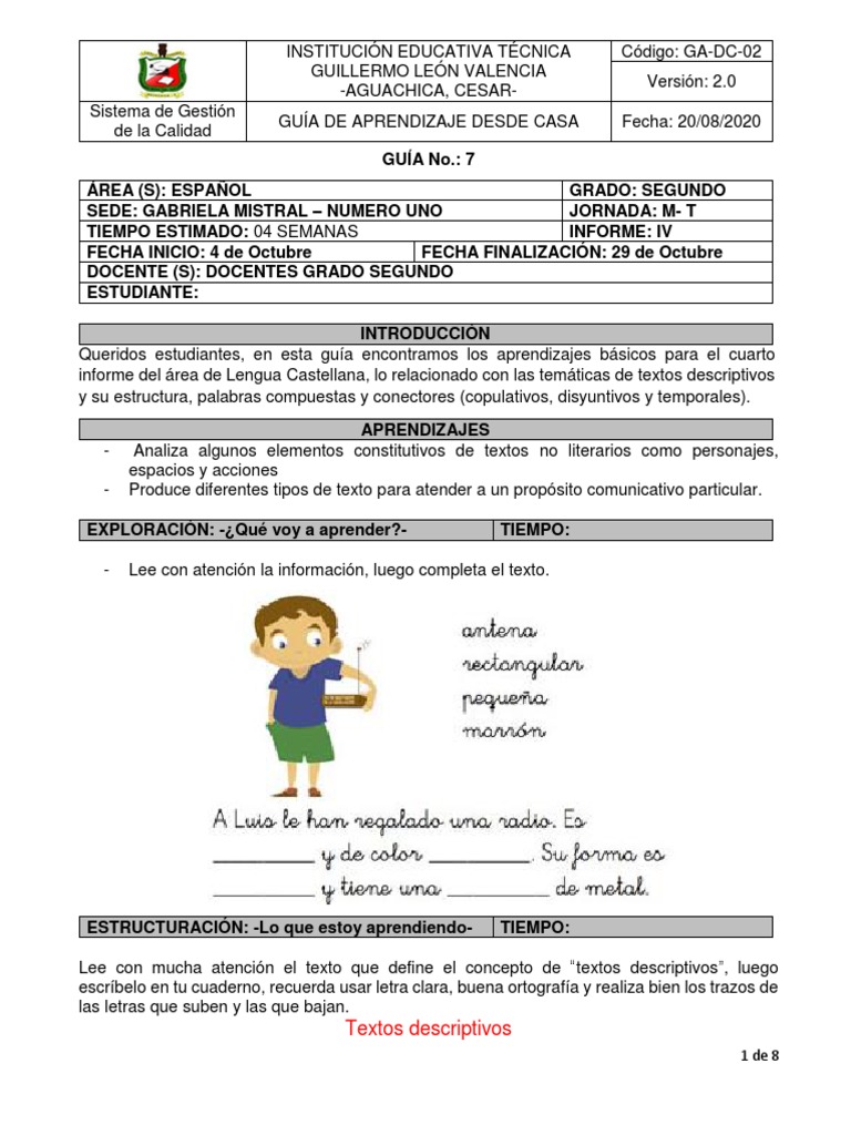 Guía 7 de Español Actualizada | PDF | Aprendizaje