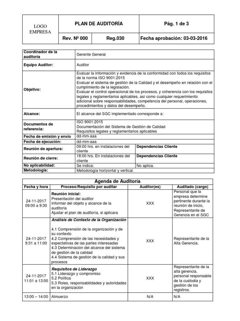 Plan Auditoria Interna Iso9001 | PDF | Auditoría | Sistema de manejo de ...