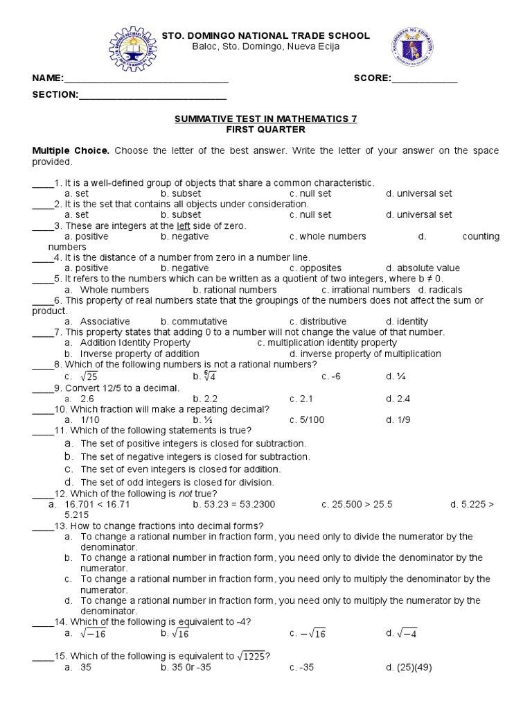 Grade 7 Math Summative Test Q1 | PDF | Numbers | Rational Number