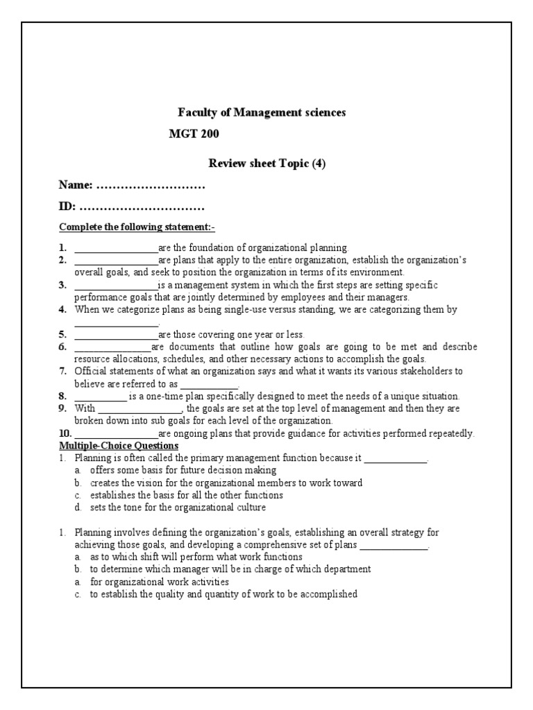 Faculty of Management Sciences MGT 200 Review Sheet Topic (4) Name: ID ...