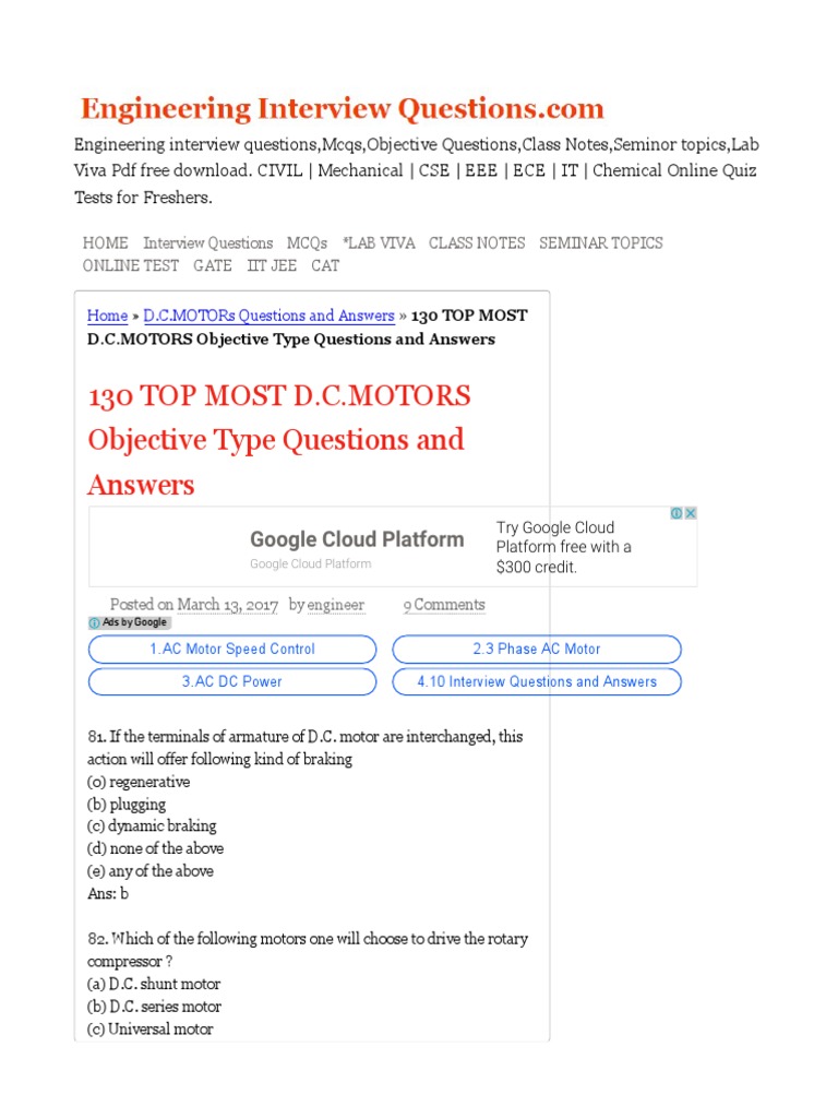 130 Top Most D.C.Motors Objective Type Questions and Answers PDF