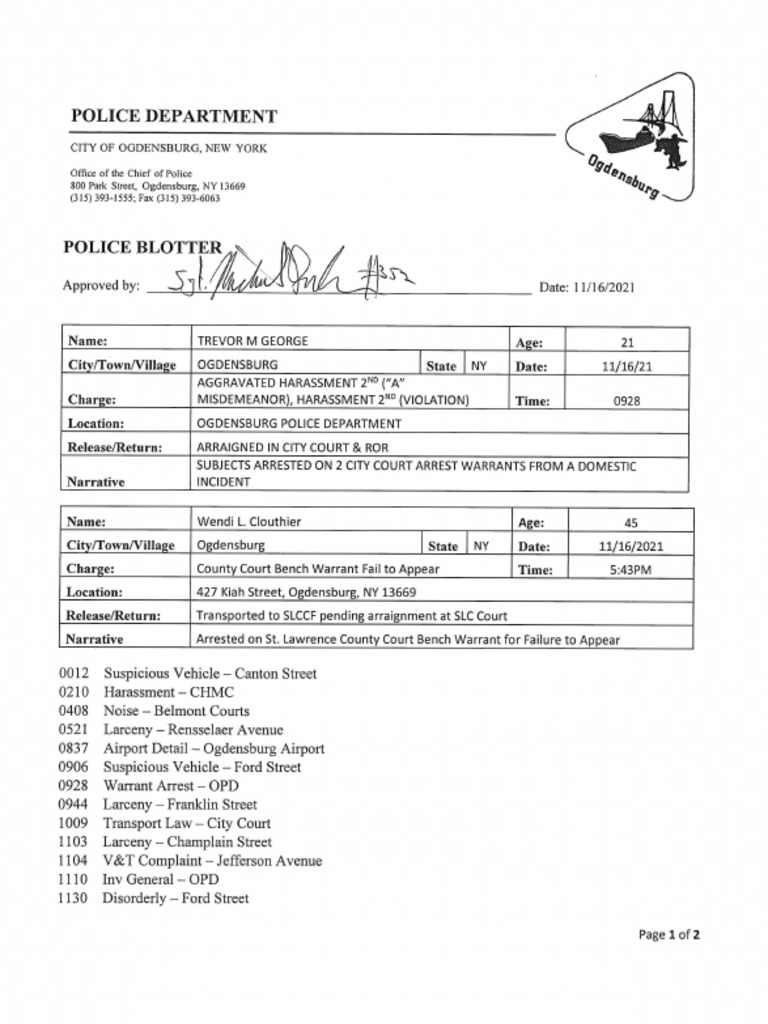 Ogdensburg Police Department Nov. 16, 2021 PDF