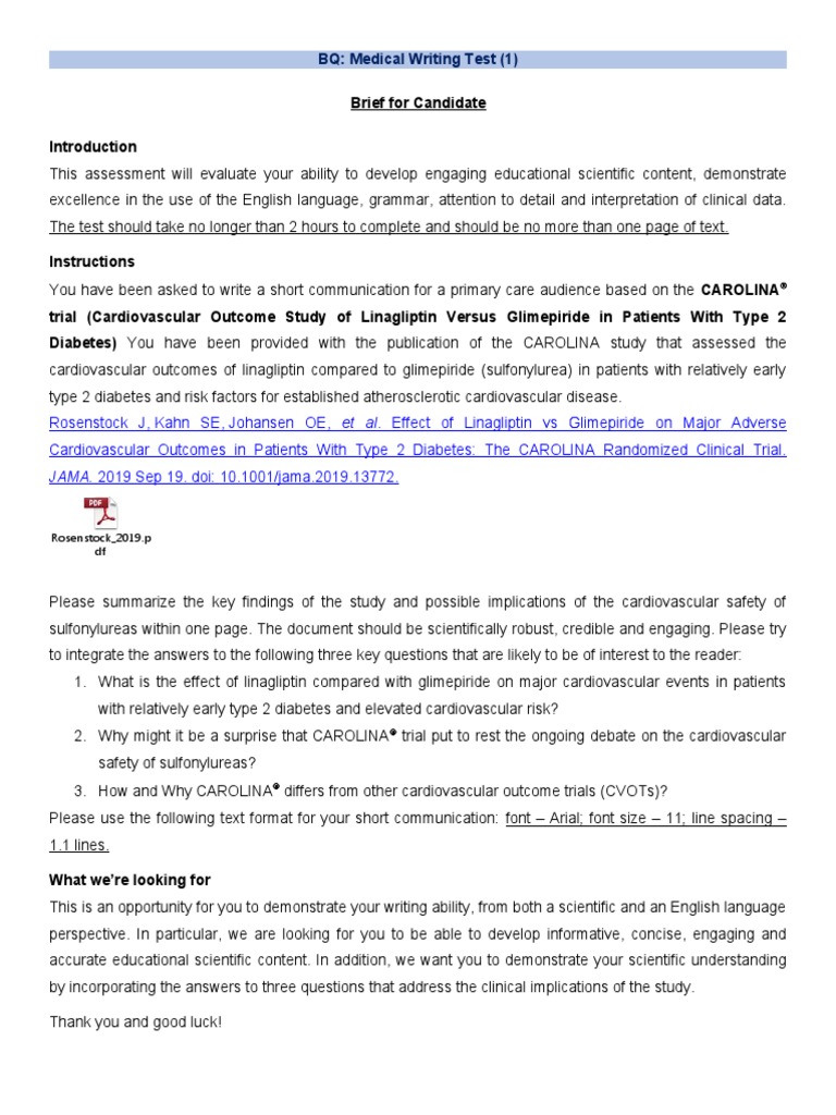 Medical Writing Test: CAROLINA Trial Summary | PDF | Cardiovascular ...