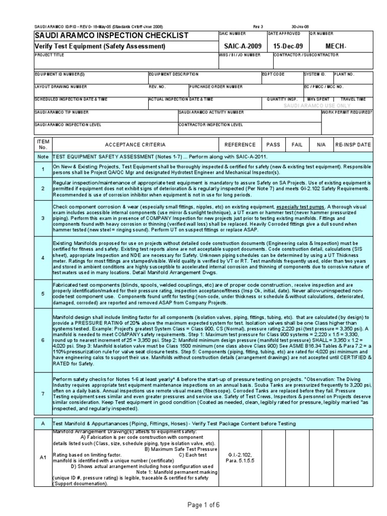 Saudi Aramco Inspection Checklist Verify Test Equipment (Safety