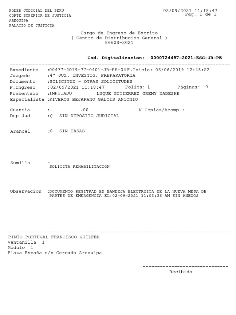 Solicitud de Rehabilitación Judicial Arequipa | PDF