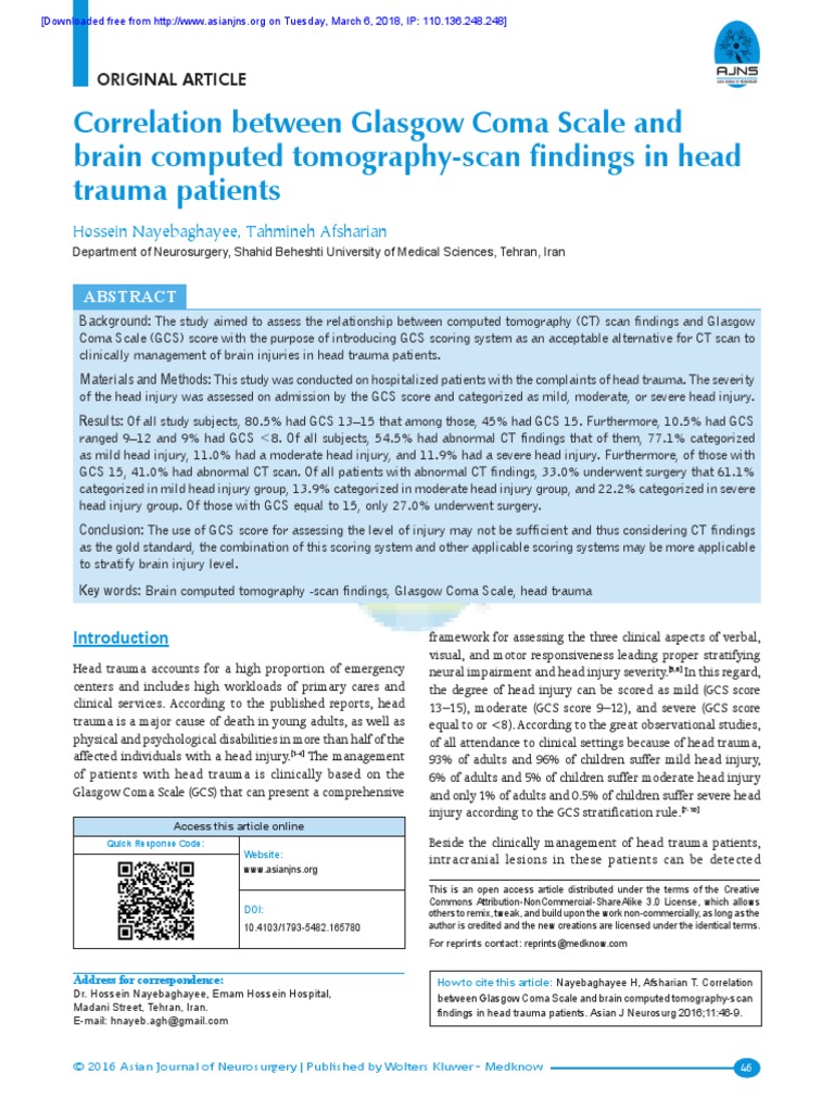 Correlation Between Glasgow Coma Scale and Brain Computed Tomography