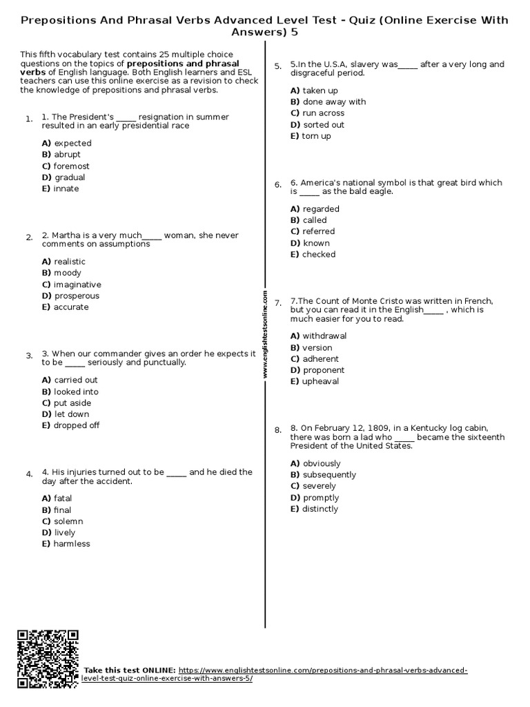 Advanced Prepositions & Phrasal Verbs Test | PDF