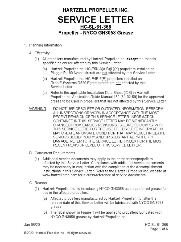 Service Letter Hartzell Propeller Inc. HCSL61366 Propeller NYCO GN3058 Grease Download