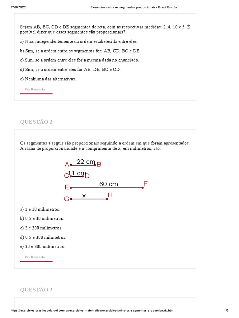 Exercícios de Segmentos Proporcionais 9º Ano | PDF | Matemática
