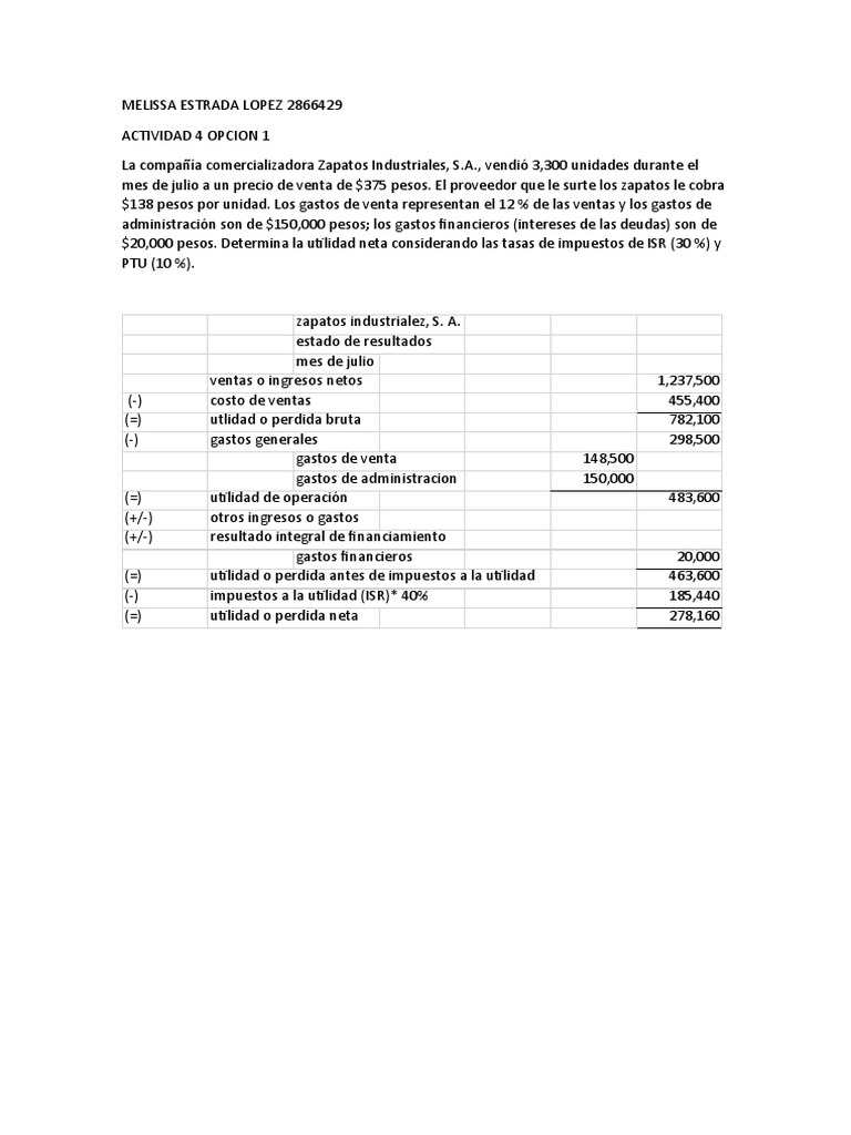 Actividad 4 Opcion 1 Contabilidad Pdf Estado De Resultados