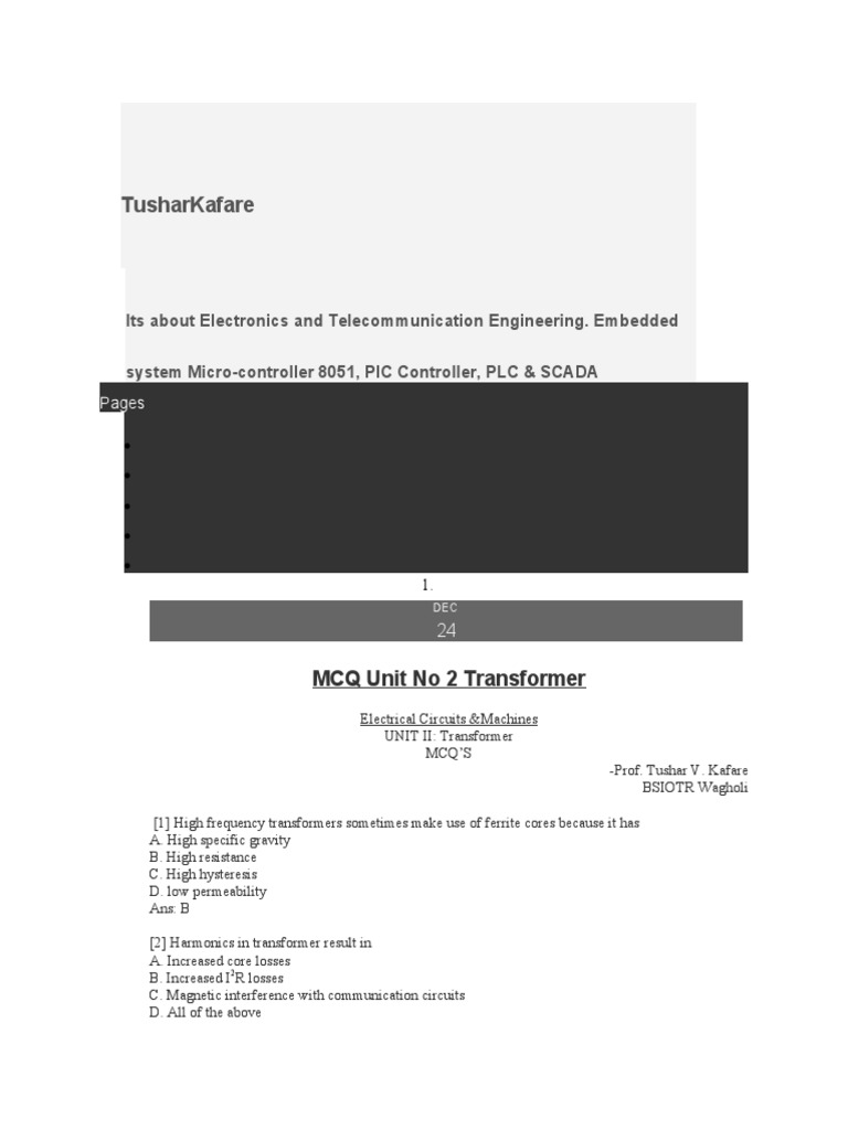Mcq Practice Questions On Transformers Electrical Circuits Machines