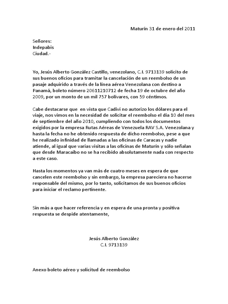 Carta Solicitud Devolucion De Dinero A Una Empresa 