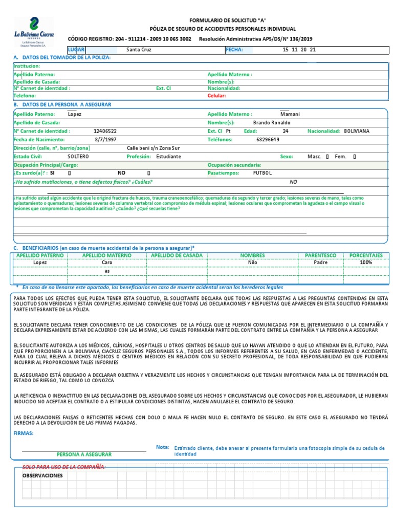 Solicitud Póliza Seguro Accidentes Personales | PDF | Póliza de seguros
