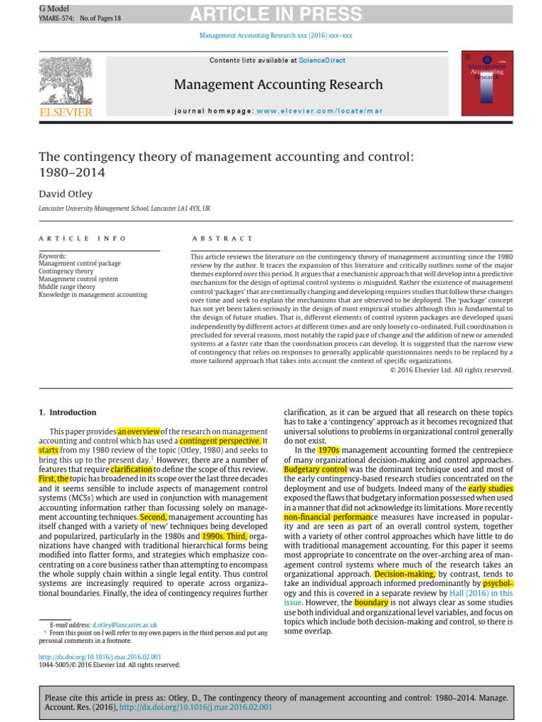 2016 Otley The Contingency Theory of Management | PDF | Quantitative ...