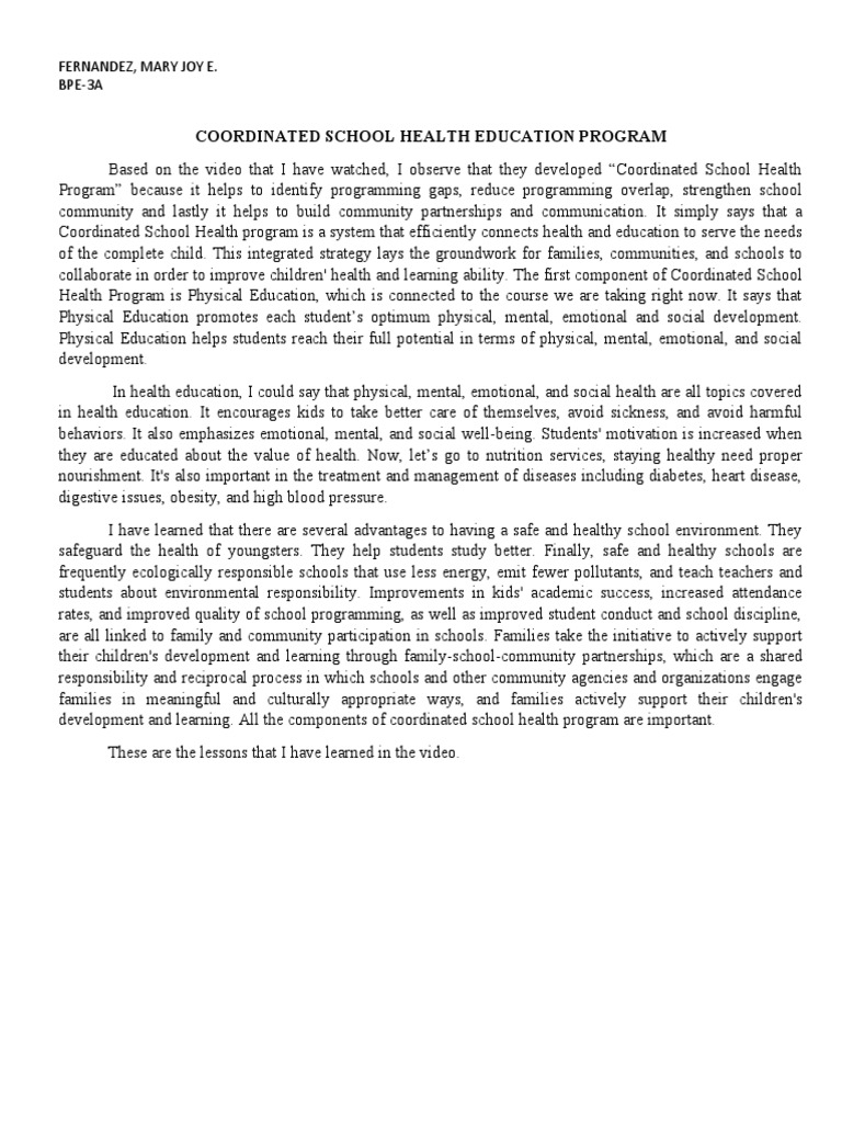 COORDINATED SCHOOL HEALTH EDUCATION PROGRAM PDF intelligence overview
