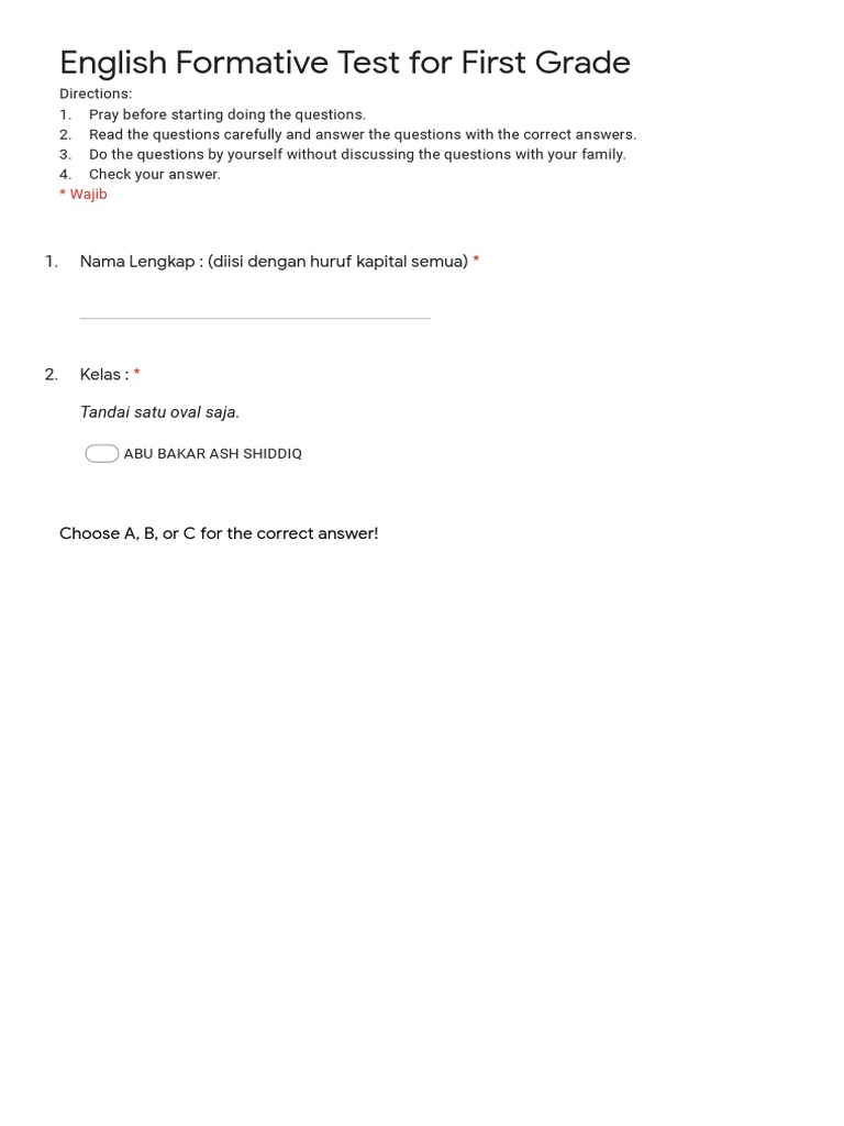 English Formative Test of First Grade (Abu Bakar) - Google Formulir | PDF