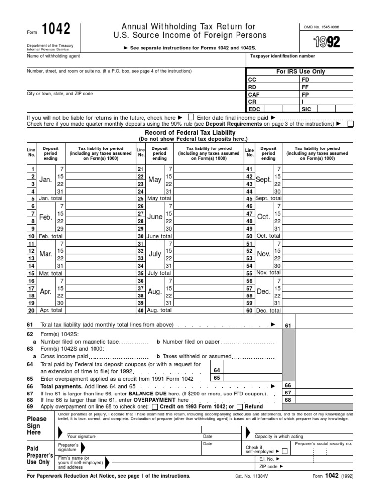 US Internal Revenue Service: f1042 - 1992 | PDF